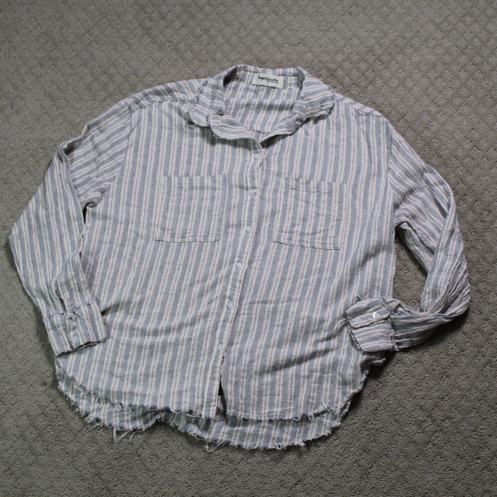 Impressions Sz L Blue Terracotta White Cotton Linen Blend Raw Edge LS Blouse